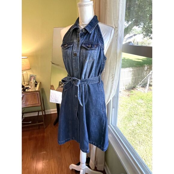Frye Jean Midi Dress Western Boho Festival Size M Sleeveless Dark Wash BNWT - Picture 1 of 14